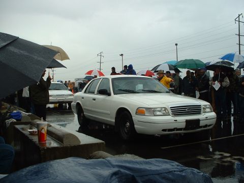 1999 Ford Crown Victoria - White sedan at an outdoor auction event, with people holding umbrellas in the background.
