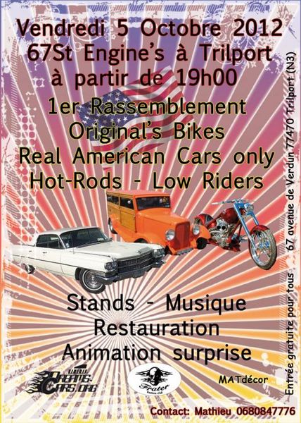 1991 Ford LTD Crown Victoria - Event poster for a 67st Engine's American-car and hot-rod gathering with a hot rod illustration.