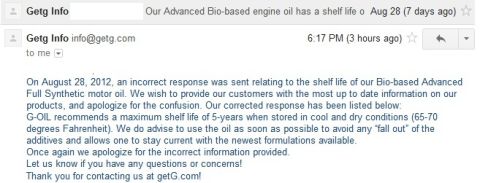 2000 Ford Crown Victoria - An email discusses the shelf life of advanced bio-based engine oil and apologizes for incorrect information.