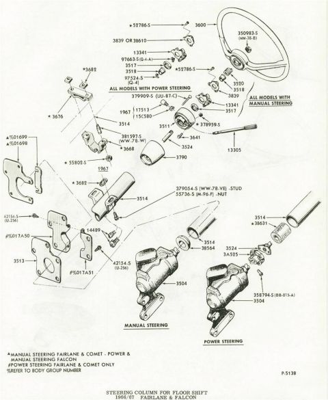 1972 Ford Ranchero - Exploded view diagram of steering column parts and assemblies for Ford vehicles.