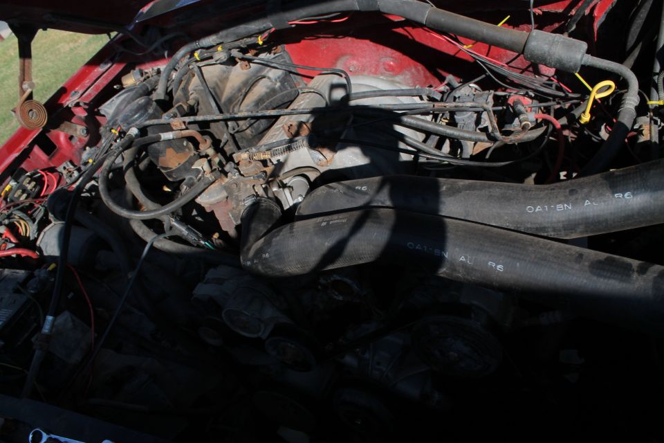 Red engine bay with black hoses and visible engine components. Text on hoses reads "OA1BN AL R6"