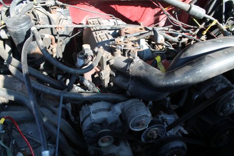 1990 Ford Bronco - A close-up view of a vehicle's engine bay, showing various hoses, belts, and the alternator.