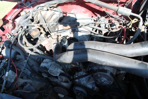 1990 Ford Bronco - Close-up view of a cluttered engine bay with various hoses and belts.