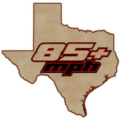 2007 Ford Mustang - Graphic of Texas map with '85+ mph' text overlay.