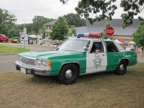 1991 Ford LTD Crown Victoria - green-and-white Ford LTD Crown Victoria police sedan with a star door shield and roof lightbar, parked roadside near a STOP sign.