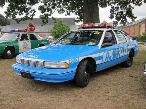 1991 Ford LTD Crown Victoria - light-blue Chevrolet Caprice lettered NYPD POLICE with a red roof lightbar, parked on a grassy show field beside another cruiser.