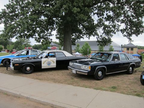 1991 Ford LTD Crown Victoria - black-and-white California Highway Patrol-style sedan parks under a large tree next to a dark Ford LTD sedan at a show.