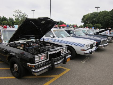 1991 Ford LTD Crown Victoria - row of classic police sedans at a car show, the nearest black car with its hood open beside white and blue cruisers.