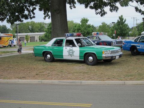 1991 Ford LTD Crown Victoria - green-and-white vintage sheriff police sedan with a roof light bar parked on grass near a tree at a car show.
