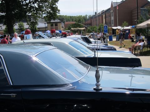 1991 Ford LTD Crown Victoria - row of dark vintage car roofs and rear decks with a tall whip antenna, crowds and a brick building in the background.