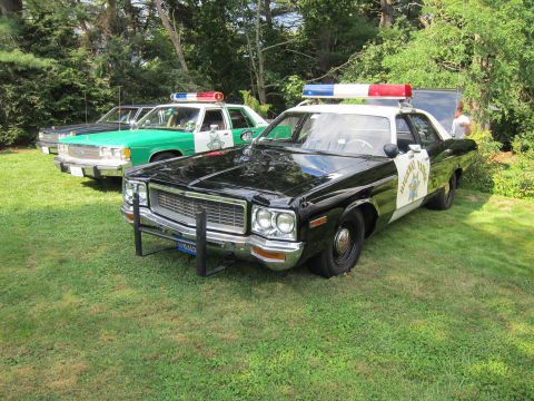 1991 Ford LTD Crown Victoria - restored black-and-white police sedan with pushbar and roof beacons sits on a grass lawn beside a green-and-white sheriff cruiser.