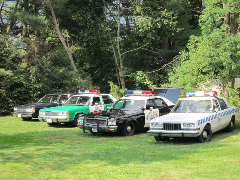 1991 Ford LTD Crown Victoria - lineup of four vintage police cruisers, including black-and-white, green, and white striped sedans, parked across a grassy field.