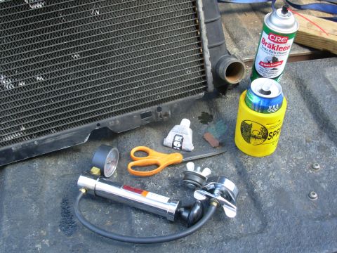 1983 Ford Bronco - This is the plan: 1) drink the Sprite 2) cut the can open 3) cut a patch of thin Aluminum 4) sand the patch & the inside of the radiator ta…