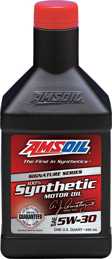 2007 Ford Mustang - AMSOIL Signature Series 5W-30 100% Synthetic Motor Oil bottle with red cap.