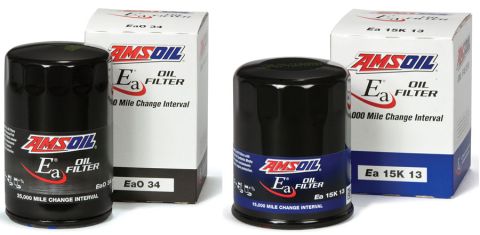2007 Ford Mustang - Two AMSOIL Ea Oil Filters are shown with their respective boxes, labeled EaO 34 and Ea 15K 13, indicating different mileage change interval…