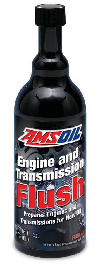 2007 Ford Mustang - A bottle of AMSOIL Engine and Transmission Flush, with text detailing its purpose for engines and transmissions.
