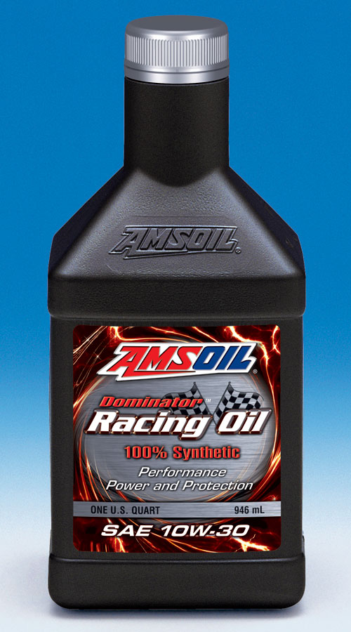 Bottle of AMSOIL Dominator Racing Oil, SAE 10W-30, 100% Synthetic