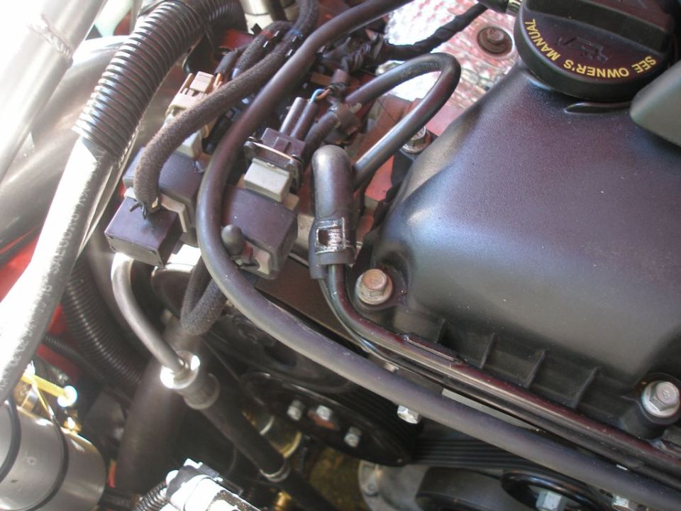 Engine bay with electrical connectors and hoses visible