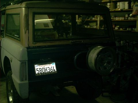 1966 Ford Bronco - Dark but supposed to show my newly added spare tire carrier, tailgate, and rear gate installed.