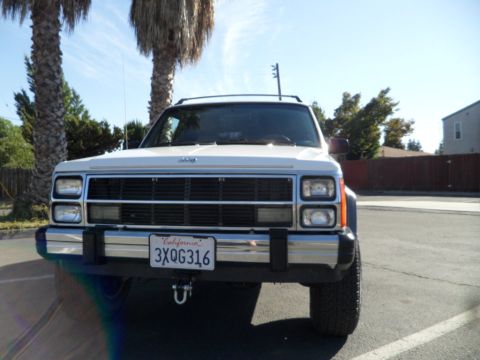 1994 Jeep Cherokee - A white Jeep Cherokee is parked outside on a sunny day, with palm trees in the background.