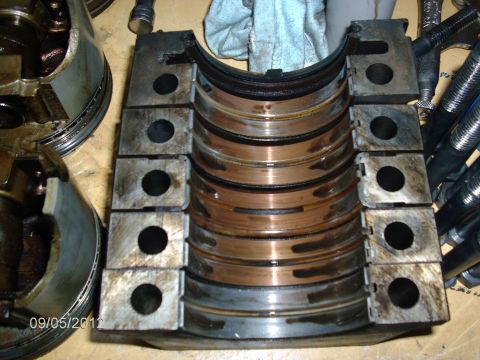 1979 Ford F-150 - Disassembled engine crankshaft main bearing caps and bearings show signs of wear and tear from engine operation.