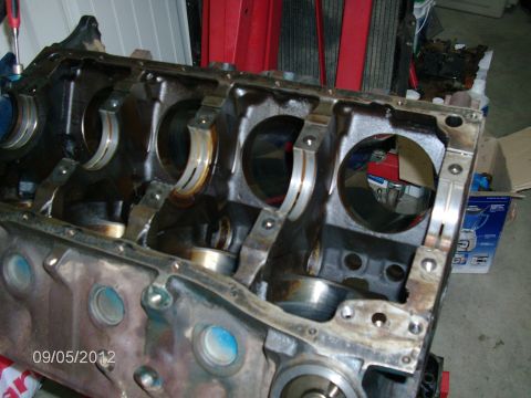 1979 Ford F-150 - Close-up view of an engine block's internal components, highlighting the main bearing journals.