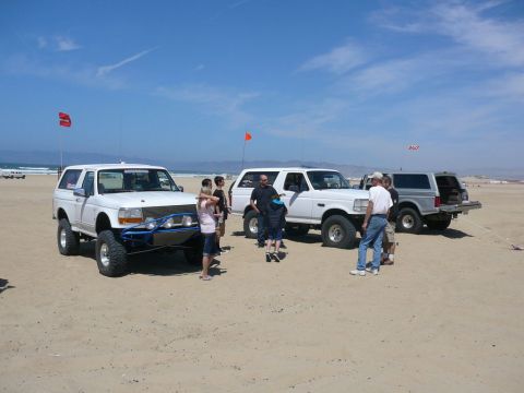 1988 Ford Bronco - Several Ford Broncos are gathered on a sandy beach under a clear blue sky.