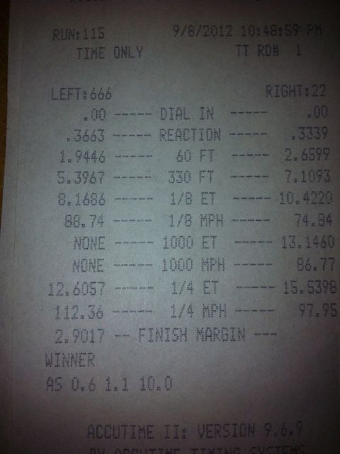 2010 Dodge Challenger - This is a drag strip time slip showing various performance metrics for a vehicle run.