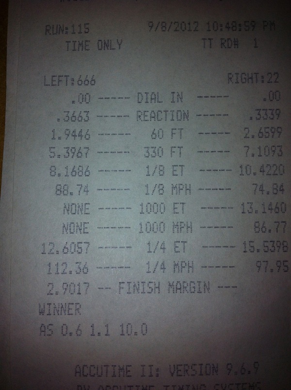 Drag strip time slip with run details like reaction time, 60 ft, 330 ft, 1/8 ET, 1/8 MPH, 1/4 ET, 1/4 MPH, and finish margin
