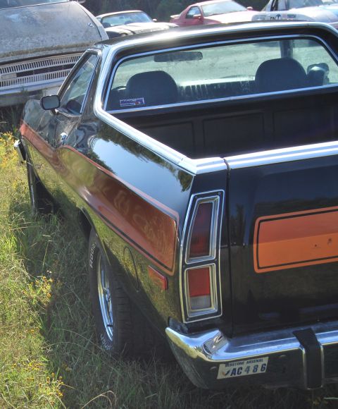 1975 Ford Ranchero - This pickup truck has a distinctive orange stripe and chrome bumper, parked outdoors with other vehicles.