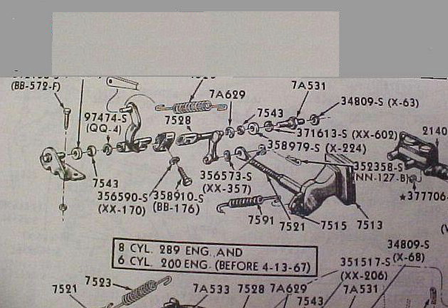 Exploded clutch linkage diagram for 289/200 engines with Ford part numbers