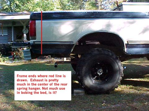 1989 Ford F-150 - The rear of a pickup truck is shown with a red line indicating the frame's end point.