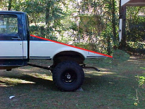 1989 Ford F-150 - Side view of a pickup truck bed with a prominent red line indicating its slope, showing a large tire and a watermark.
