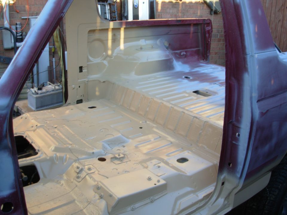 Nice weather today, so I degreased the body, pressure-washed it, dried it, and then started spraying the [url=https://www.amazon.com/dp/B000SAZT6M]Rustoleum Sand 7771[/url].