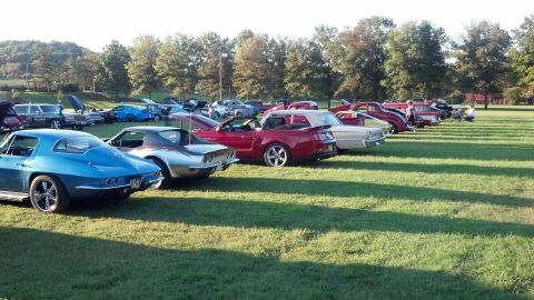 2007 Ford Mustang - A car show features a 2007 Ford Mustang convertible among other vehicles on a sunny day.