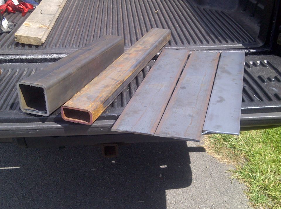 Crossmember metal. 1. 2x4 1/4" thick ~34" long 2. 4x4 1/4" thick ~ 3 feet 3. 2 5x1/4 ~ 30" long  4. 1 4x1/4 ~30" long