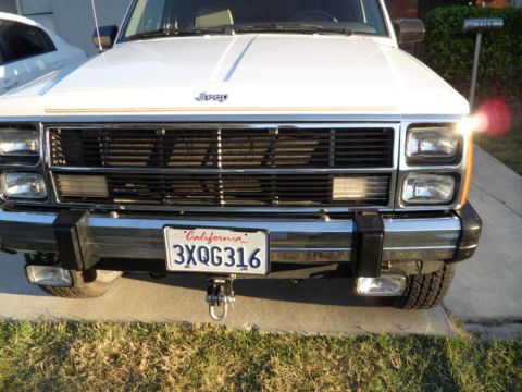 1994 Jeep Cherokee - The front grille and headlights of a white Jeep Cherokee are visible, along with its California license plate.