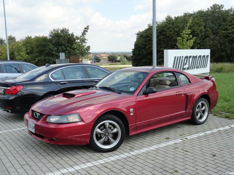 Red Ford Mustang coupe parked in a lot, hood scoop, silver wheels, black trim