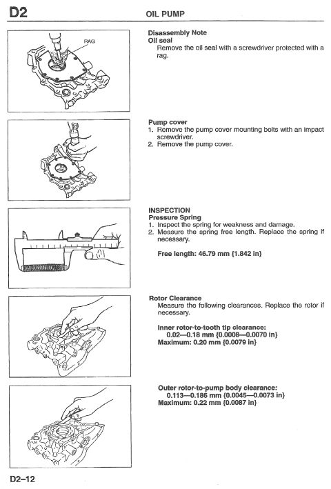 1993 Mazda MX-3 - This diagram illustrates the disassembly and inspection procedures for an oil pump, including critical measurements for rotor clearance.