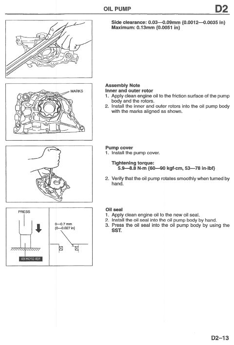 1993 Mazda MX-3 - Diagram illustrates the assembly process for an oil pump, detailing rotor alignment and seal installation.