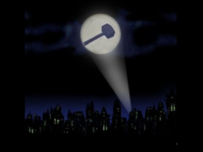 1989 Ford Bronco - A hammer symbol is projected into the night sky above a city, reminiscent of a signal.