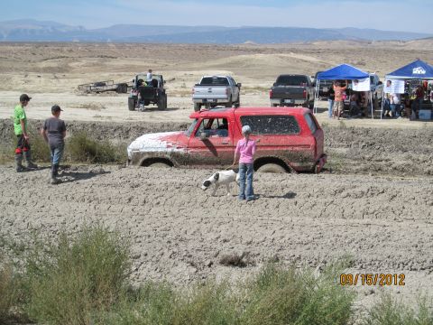 1979 Ford Bronco - Mud bog event shows a red Ford Bronco deeply stuck in mud, with spectators and other vehicles present.