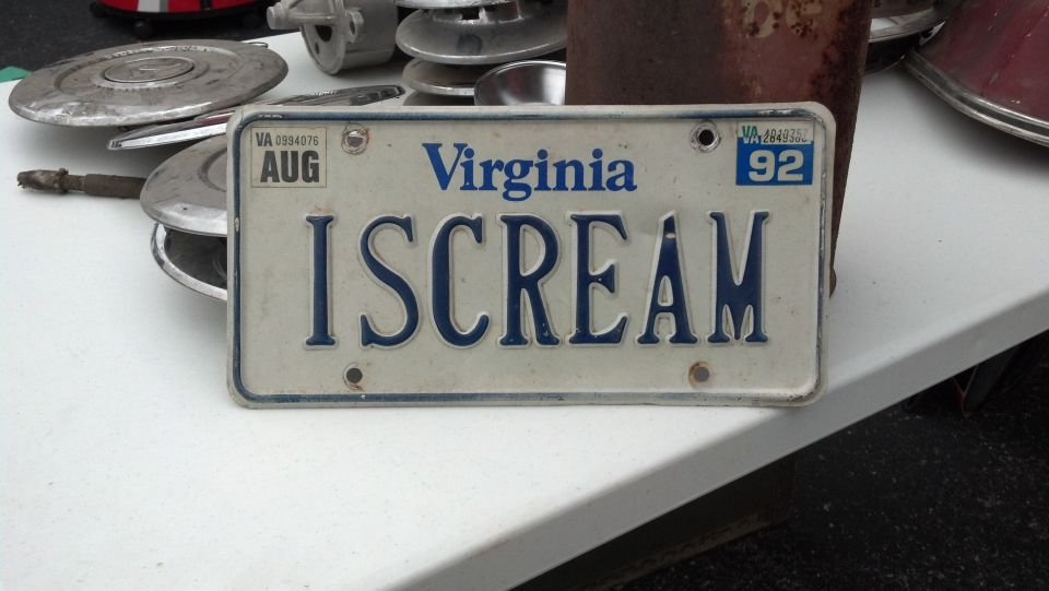 Virginia license plate with text ISCREAM and expiration sticker AUG 92