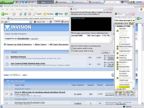 1996 Ford Taurus - A screenshot of a car enthusiast forum, displaying various discussion threads and a buddy list.