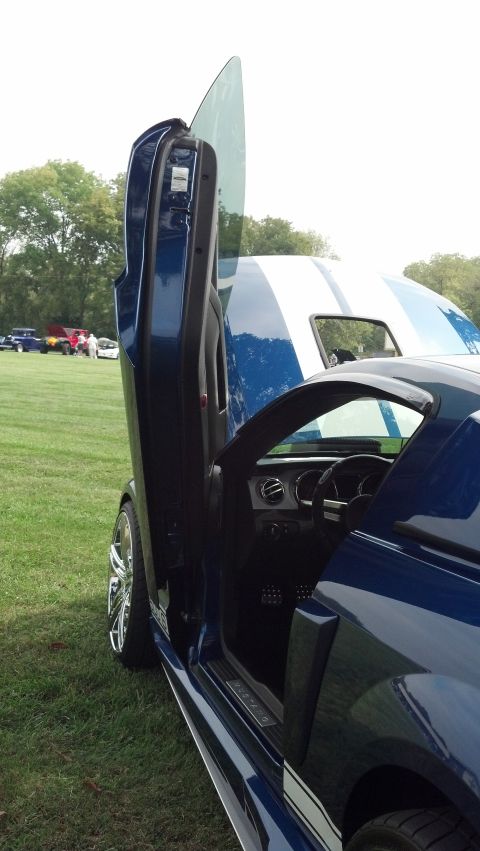 2007 Ford Mustang - A blue Ford Mustang with custom gullwing doors and racing stripes is displayed on a grassy field.