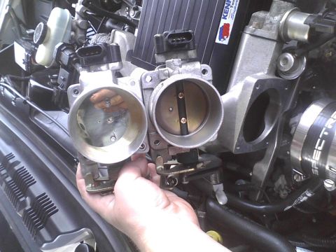 2003 Ford Crown Victoria - Close-up of a hand holding a throttle body, with another throttle body visible in the engine bay.