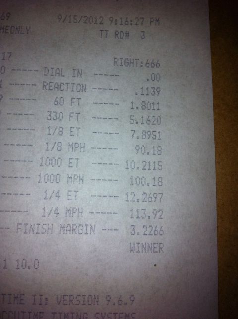 2010 Dodge Challenger - This document shows drag strip timing data, including 1/4 mile ET and MPH, with a winner designation.