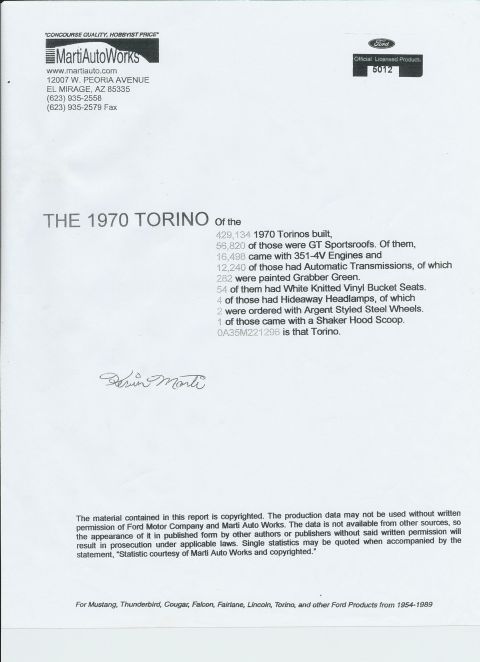 1970 Ford Torino - This document from Marti Auto Works details the production numbers and options for the 1970 Ford Torino.