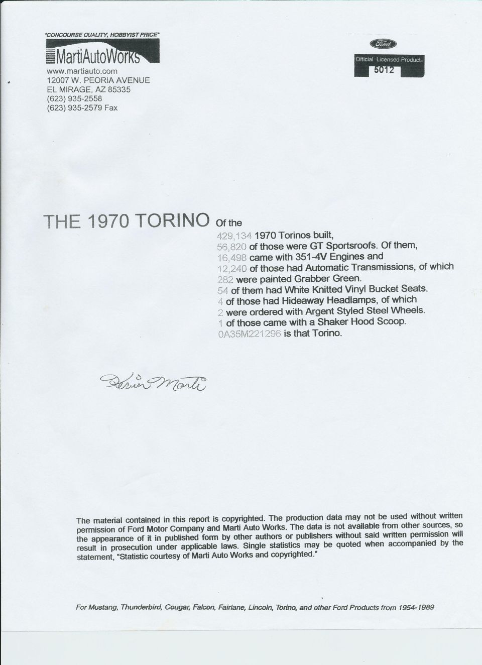 Marti Auto Works document about 1970 Torino production