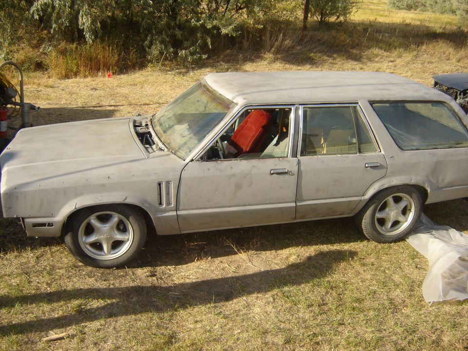 Station wagon in primer, possibly a Mercury Zephyr, parked on grass with trees in background